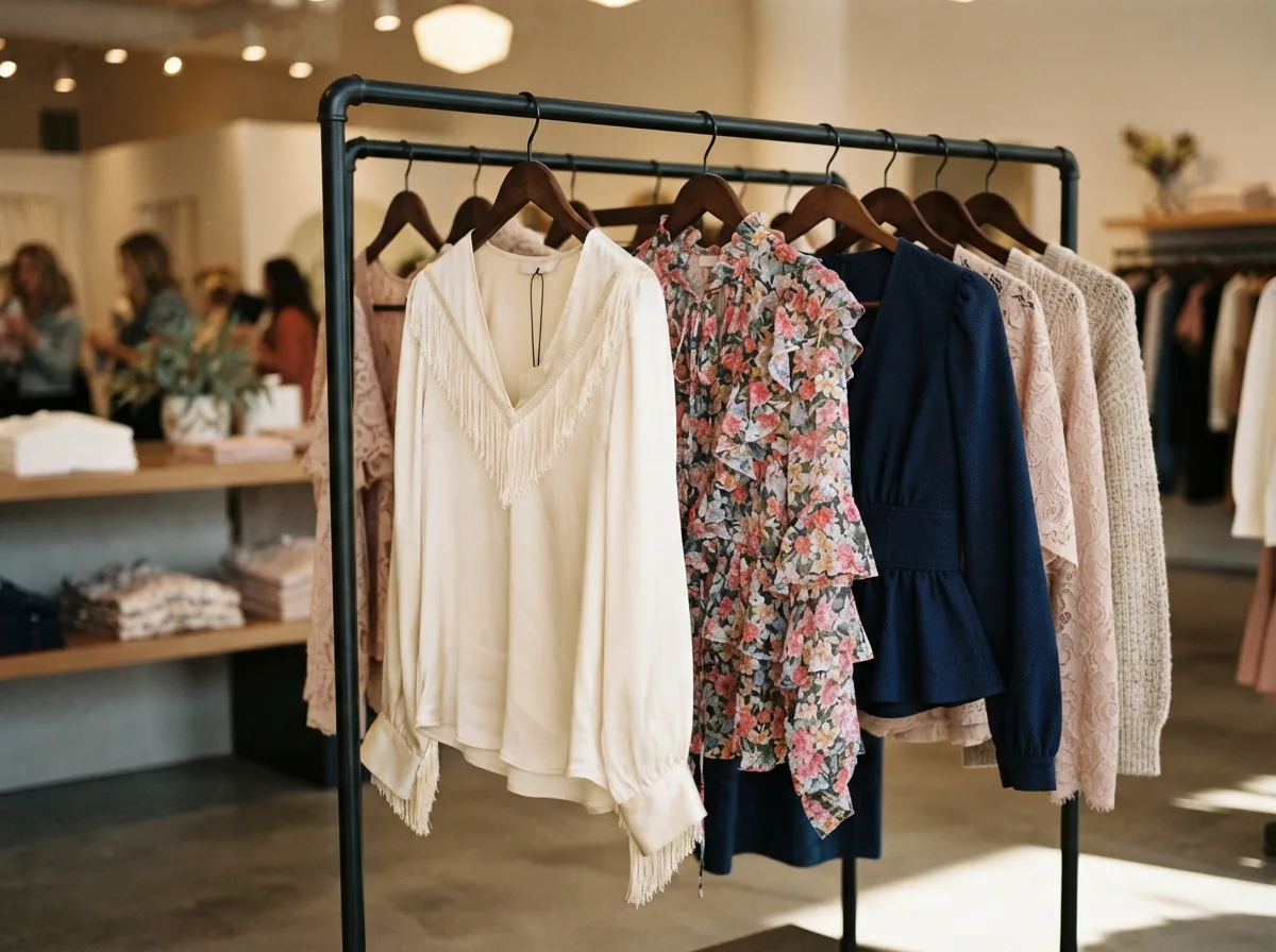 A neatly organized Arden B clothing rack showcasing a variety of feminine tops and dresses in a bright, inviting boutique setting.