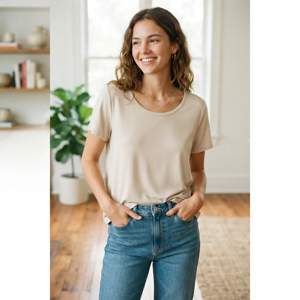 A model wearing a simple, versatile Arden B top in a neutral color, styled for a casual everyday look.