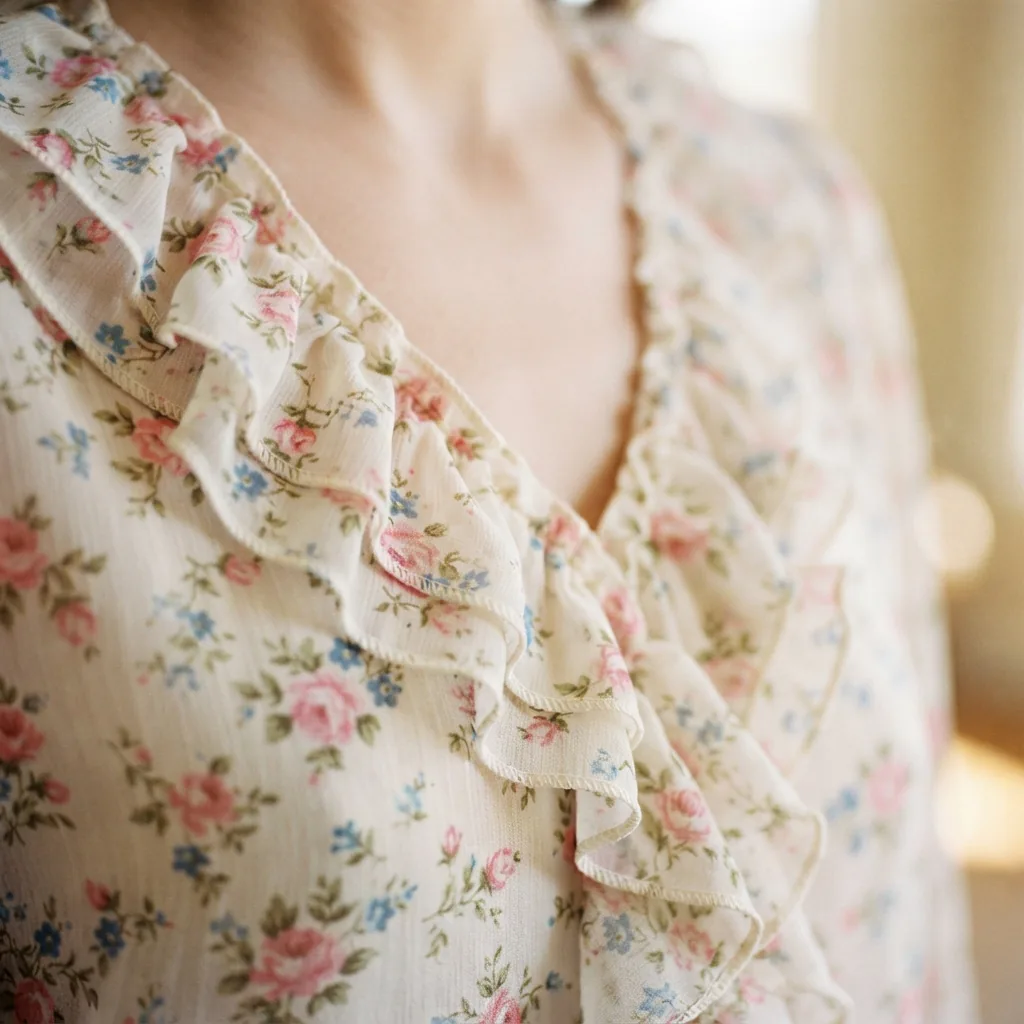 A close-up detail shot of a delicate ruffle trim on a floral print Arden B blouse.