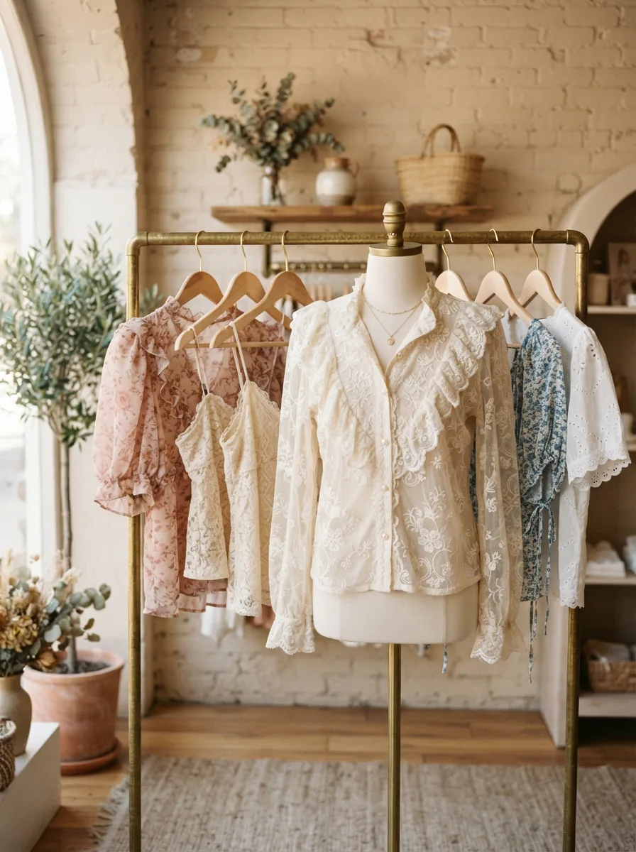 A stylish arrangement of Arden B women's tops and blouses in a romantic, fashion-forward setting.