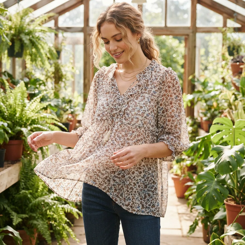 A flowy, sheer Arden B floral ruffle blouse in brown, blue, and pink, displayed on a model in a bright setting.