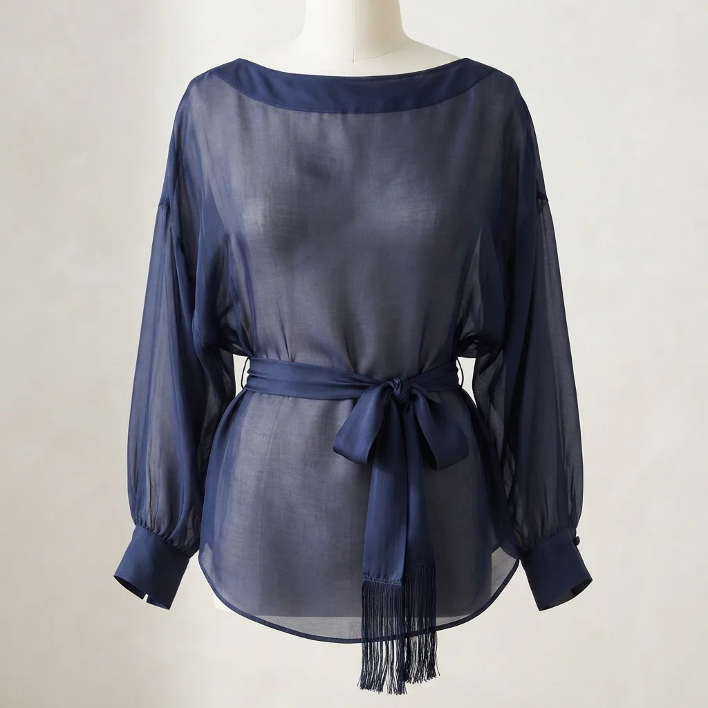 The Arden B Luxe Silk Fringe Tie Waist Blouse in navy, displayed to show its sheer fabric and tie detail.