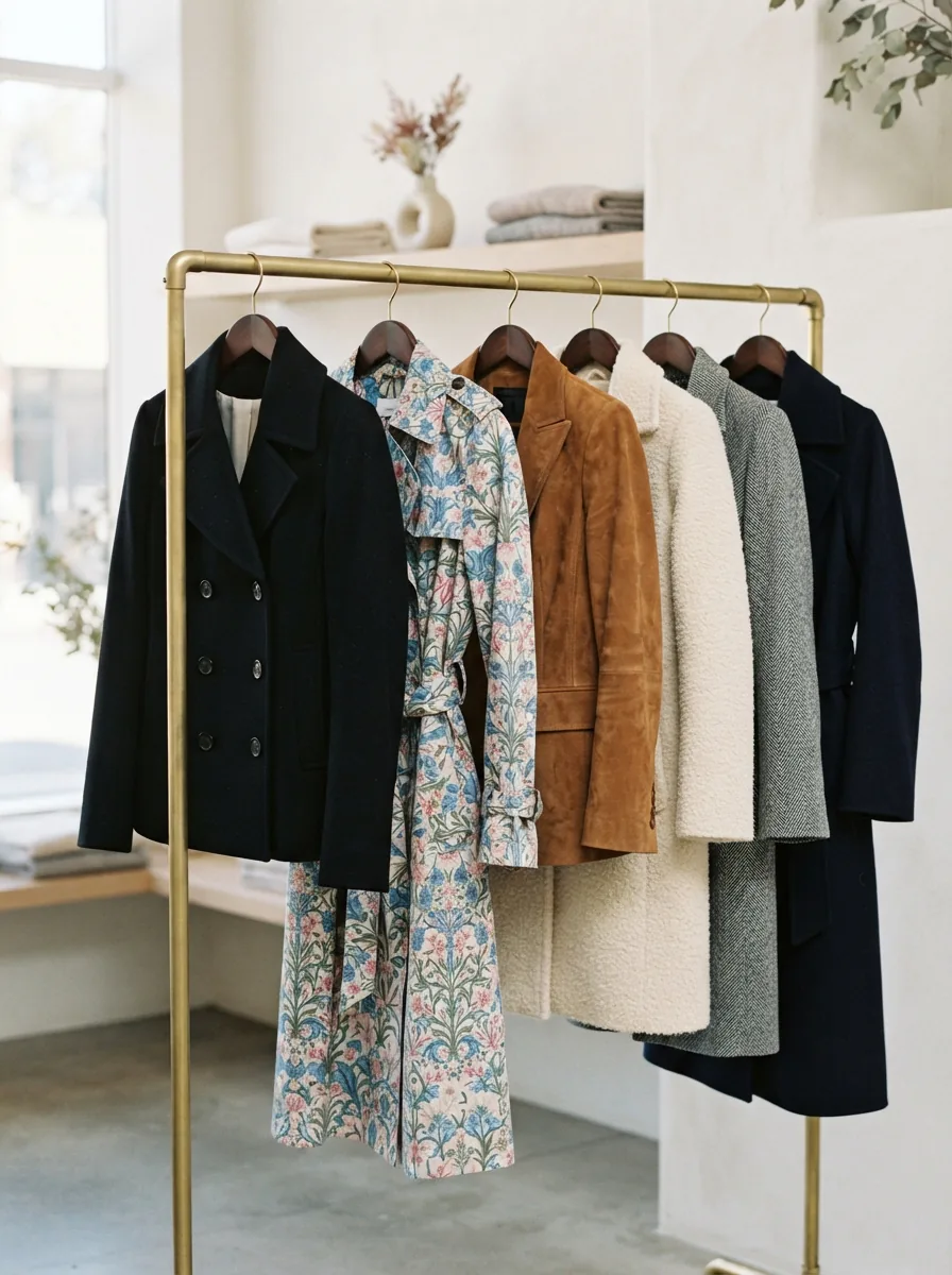 A curated display of various Arden B coats hanging on a rack, showcasing different styles and colors.