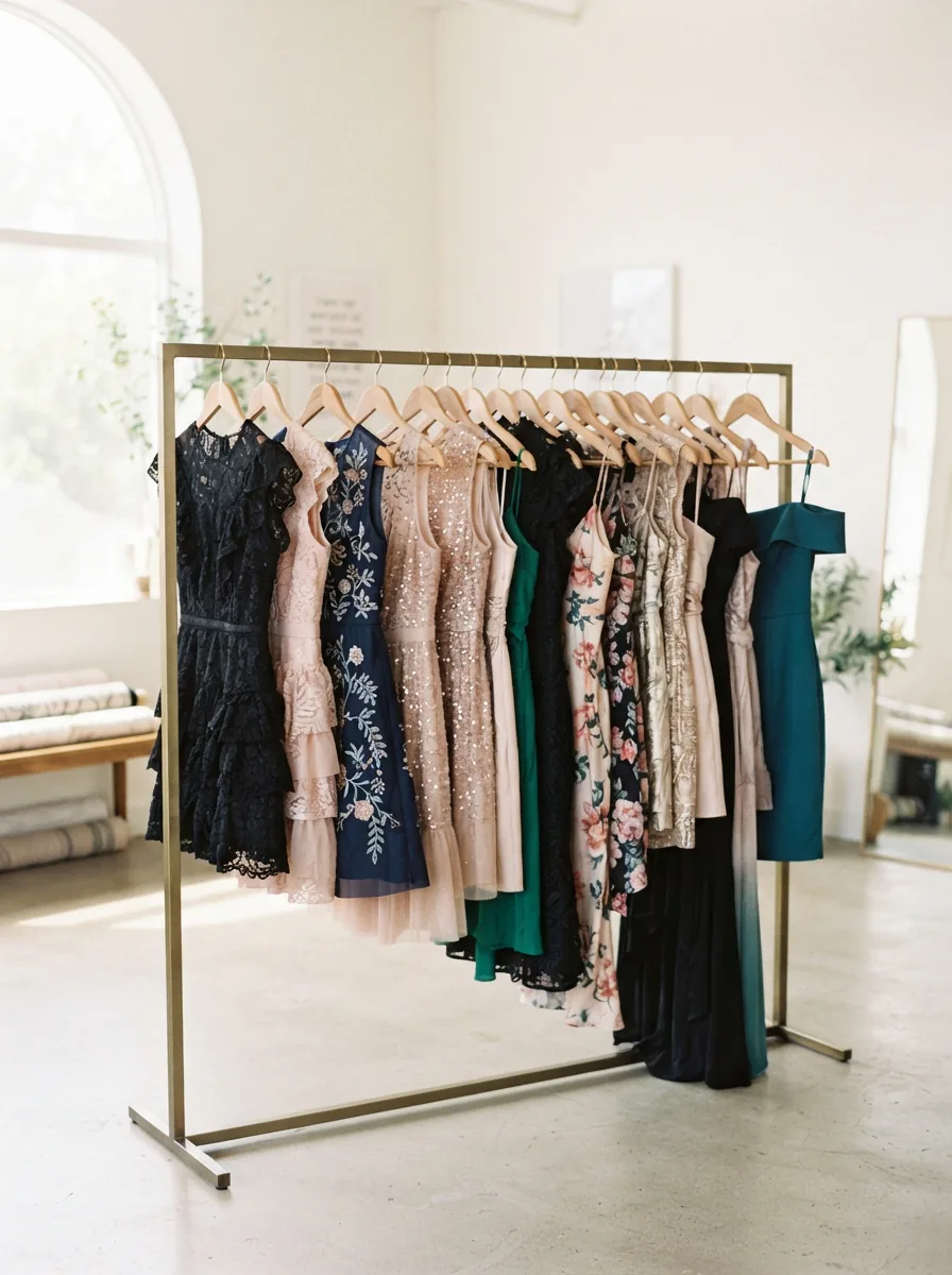 A curated display of several Arden B cocktail dresses in various colors and styles on a sleek clothing rack.