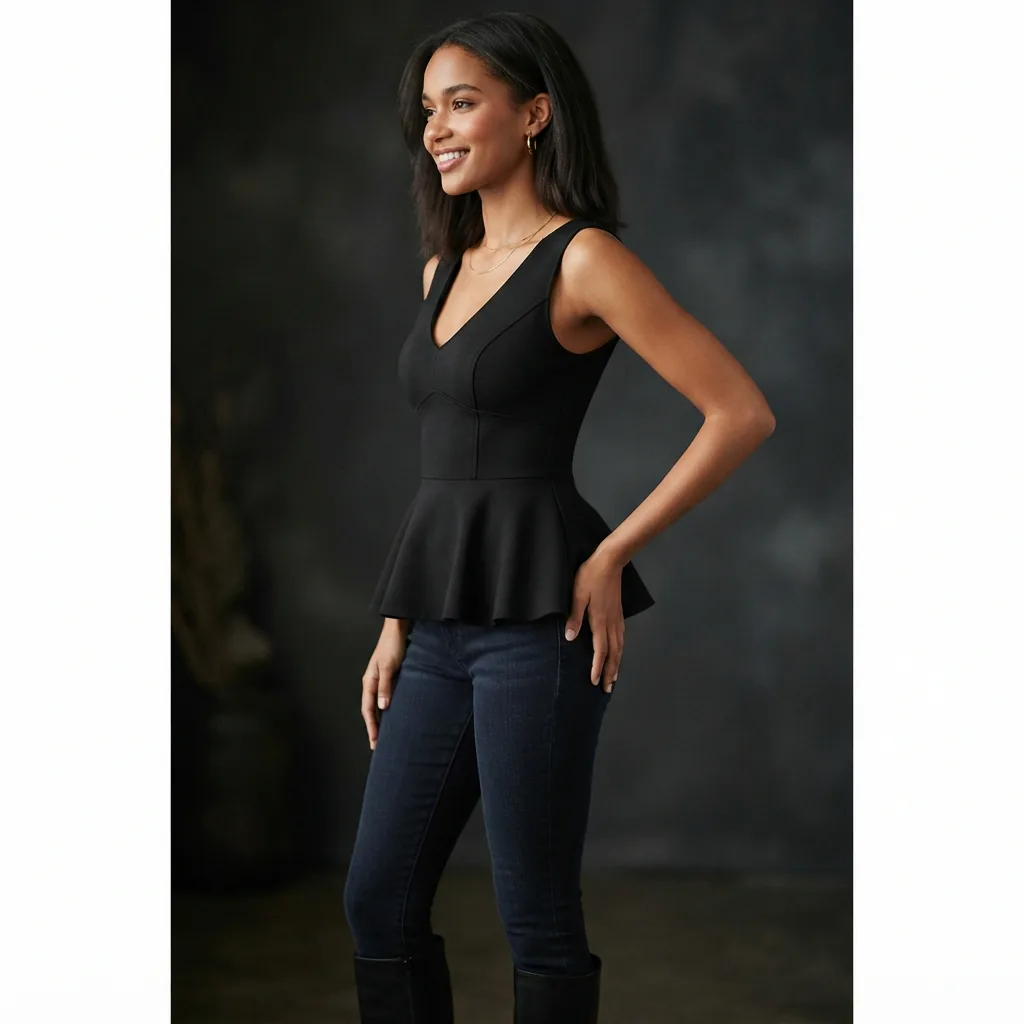 A model wearing the Arden B Black Peplum Top, highlighting its flattering silhouette and low-cut neckline.