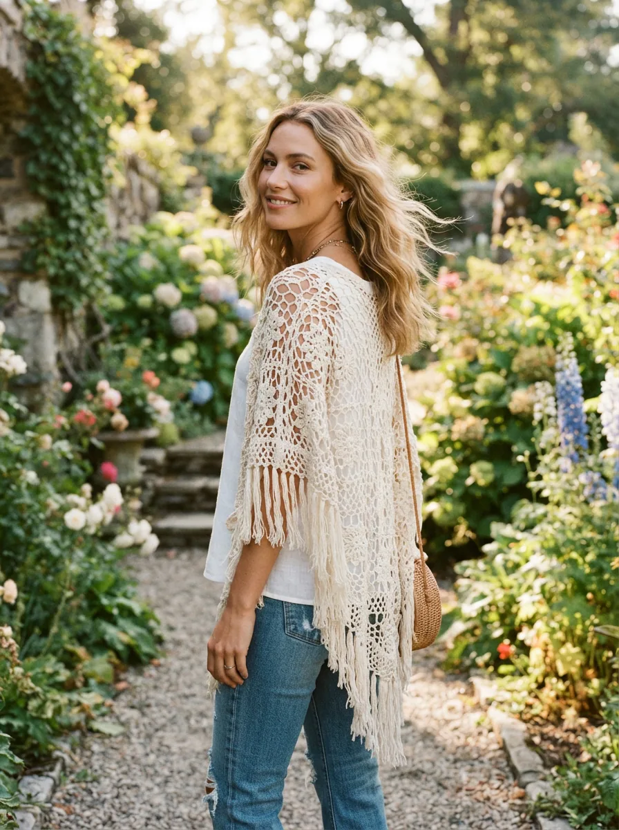 A woman in a cream floral crochet poncho standing sideways, looking over her shoulder with a soft smile.