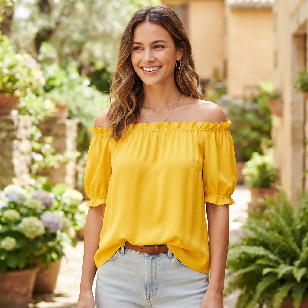 A model wearing the Arden B Yellow Off The Shoulder Blouse, showing its vibrant color and relaxed fit.